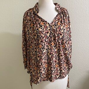 Cynthia Rowley Floral Sleeve‎ Bow V Neck Top